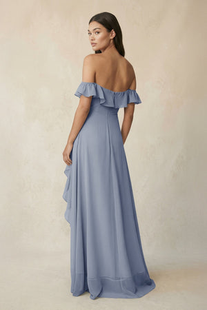 Ruffled Off-the-Shoulder A-Line Chiffon Bridesmaid Dress in Twilight - KISS BRIDAL BRIDESMAID DRESSES