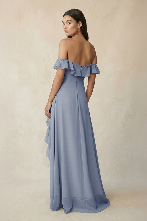Ruffled Off-the-Shoulder A-Line Chiffon Bridesmaid Dress in Twilight - KISS BRIDAL BRIDESMAID DRESSES