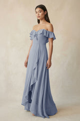 Ruffled Off-the-Shoulder A-Line Chiffon Bridesmaid Dress in Twilight - KISS BRIDAL BRIDESMAID DRESSES