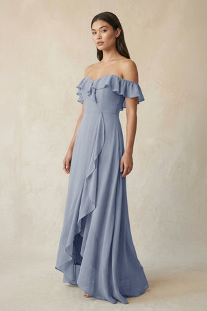 Ruffled Off-the-Shoulder A-Line Chiffon Bridesmaid Dress in Twilight - KISS BRIDAL BRIDESMAID DRESSES
