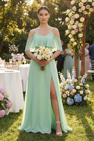 Ruffled Off - the - Shoulder A - Line Chiffon Bridesmaid Gown - KISS BRIDAL Bridesmaid Dresses