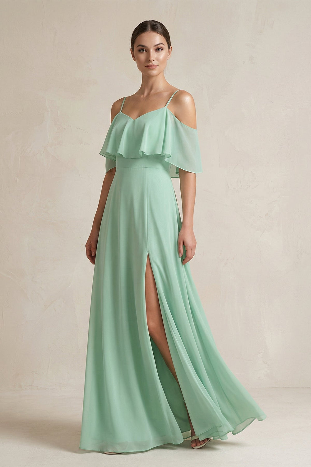 Ruffled Off-the-Shoulder A-Line Chiffon Bridesmaid Gown in Pale Pistachio