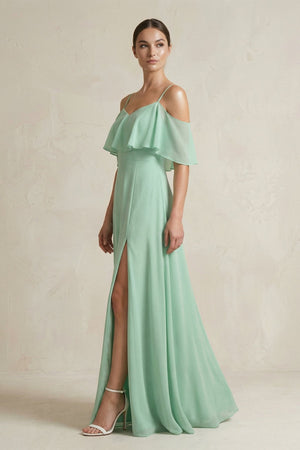 Ruffled Off - the - Shoulder A - Line Chiffon Bridesmaid Gown - KISS BRIDAL Bridesmaid Dresses