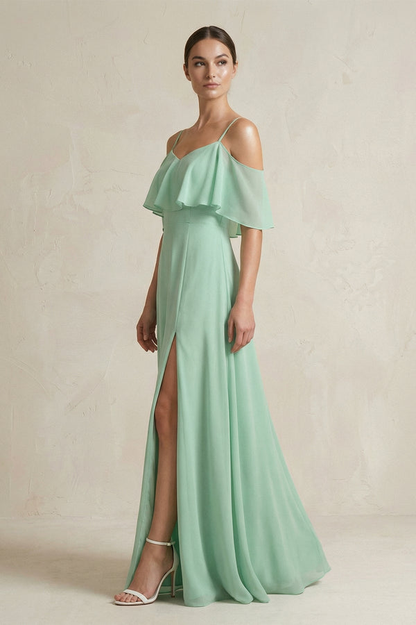 Ruffled Off - the - Shoulder A - Line Chiffon Bridesmaid Gown - KISS BRIDAL Bridesmaid Dresses