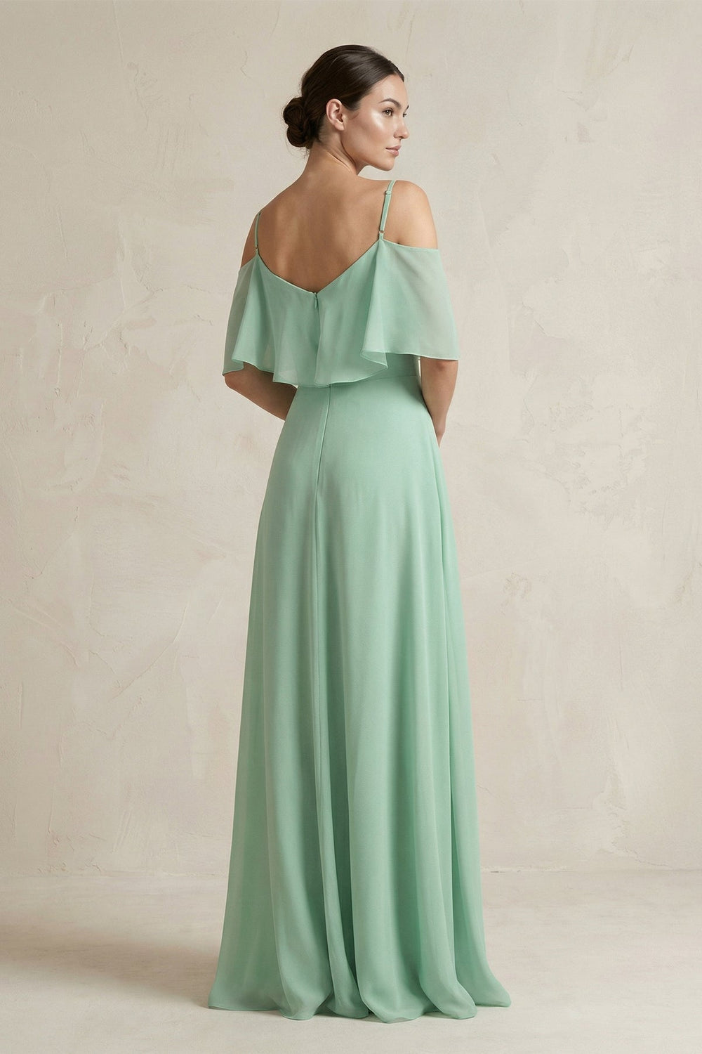 Ruffled Off-the-Shoulder A-Line Chiffon Bridesmaid Gown in Pale Pistachio