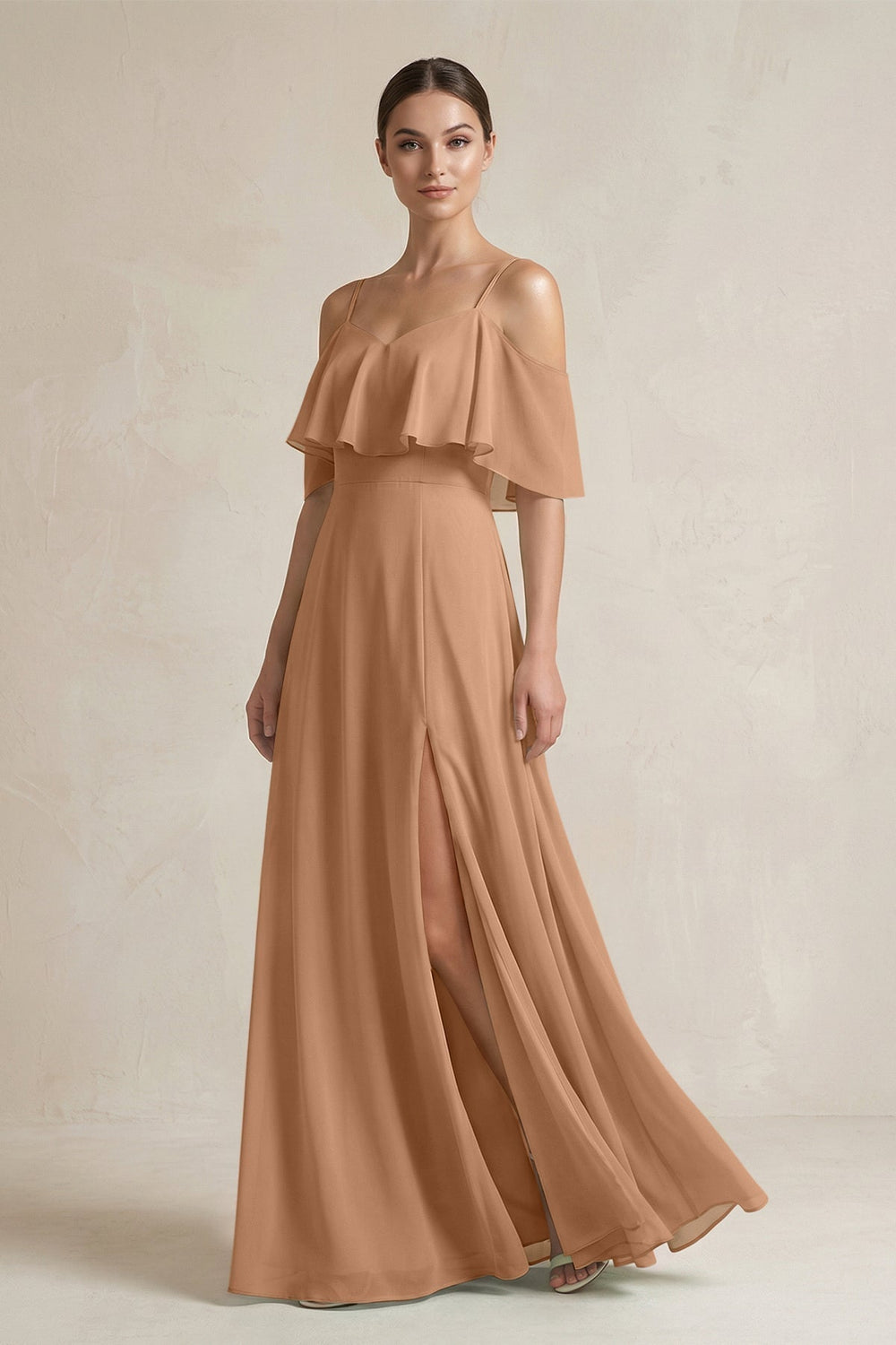 Ruffled Off-the-Shoulder A-Line Chiffon Bridesmaid Gown in Bronzer