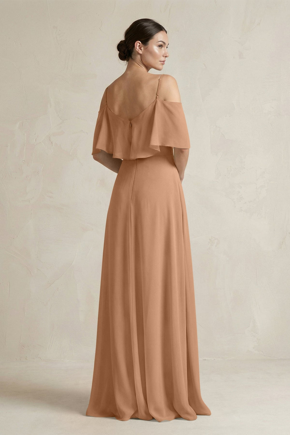 Ruffled Off-the-Shoulder A-Line Chiffon Bridesmaid Gown in Bronzer