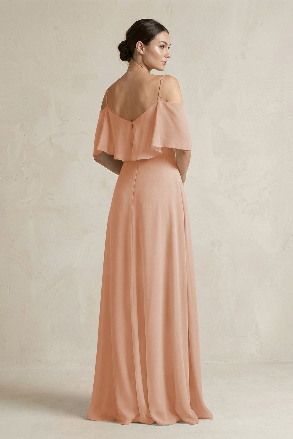 Ruffled Off-the-Shoulder A-Line Chiffon Bridesmaid Gown in Champagne Rose