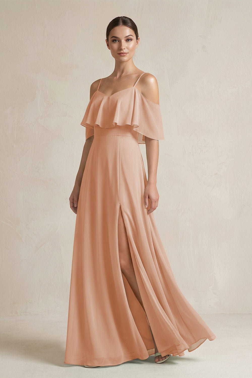 Ruffled Off-the-Shoulder A-Line Chiffon Bridesmaid Gown in Champagne Rose