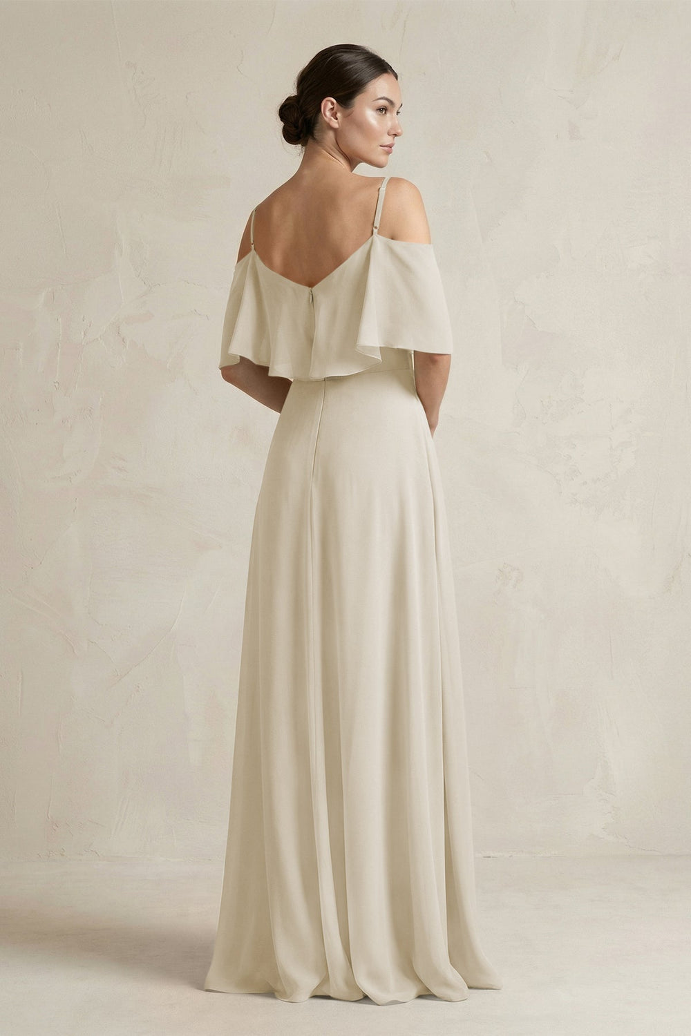 Ruffled Off-the-Shoulder A-Line Chiffon Bridesmaid Gown in Dove Gray