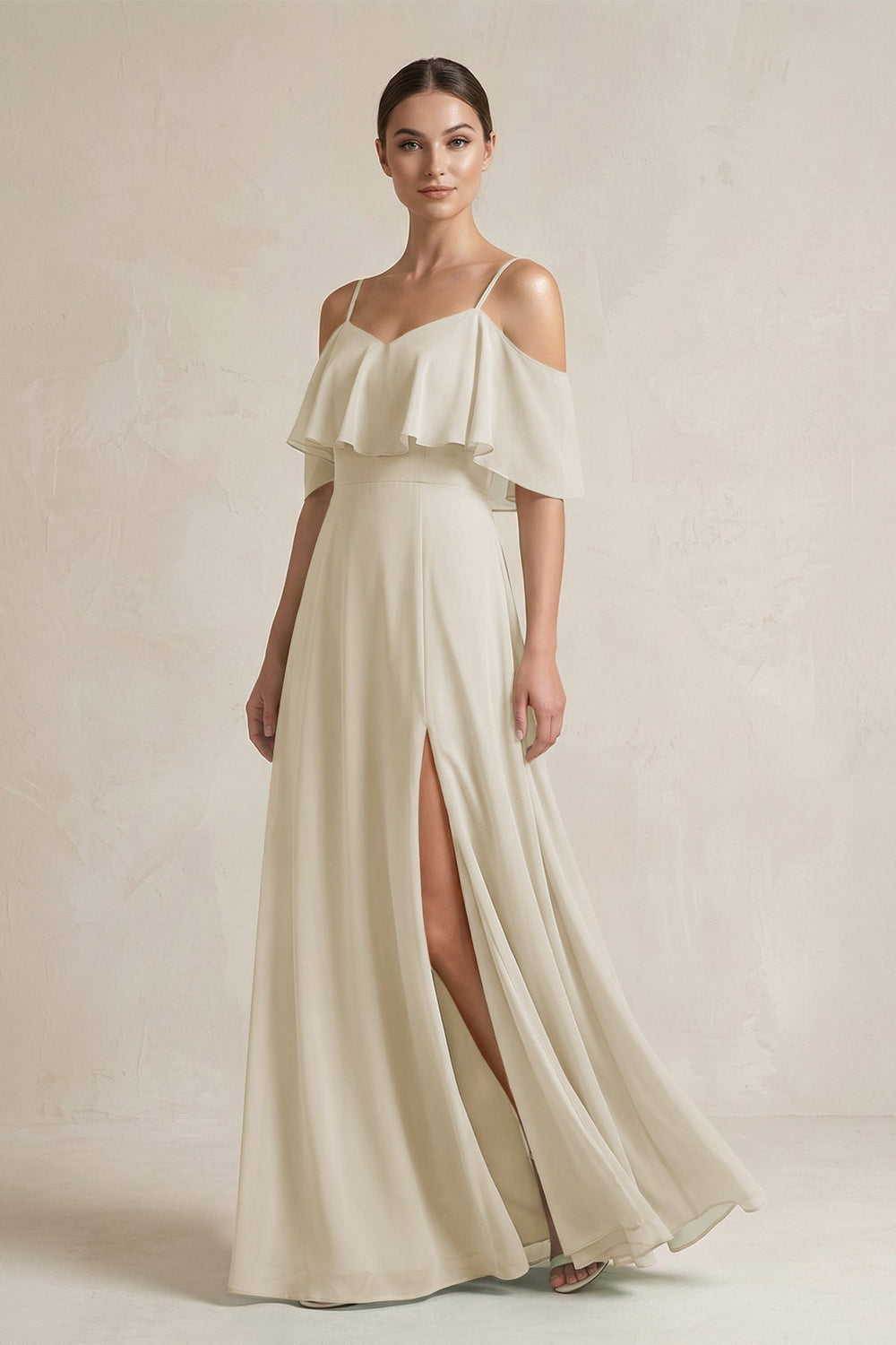 Ruffled Off-the-Shoulder A-Line Chiffon Bridesmaid Gown in Dove Gray