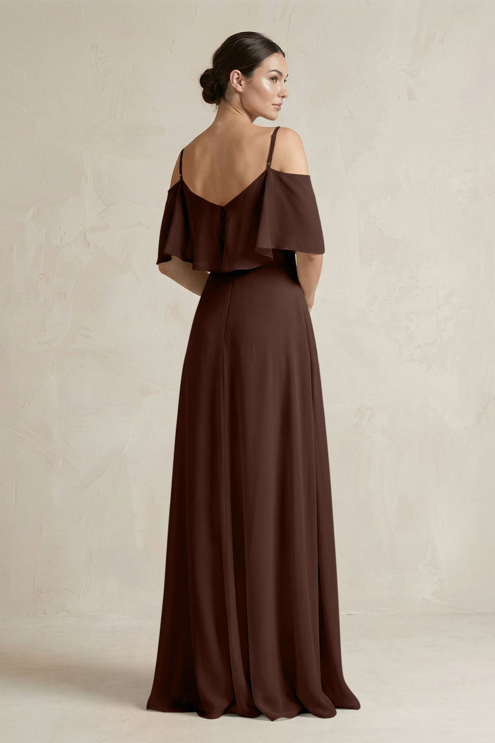 Ruffled Off-the-Shoulder A-Line Chiffon Bridesmaid Gown in Espresso