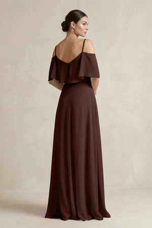 Ruffled Off - the - Shoulder A - Line Chiffon Bridesmaid Gown in Espresso - KISS BRIDAL Bridesmaid Dresses