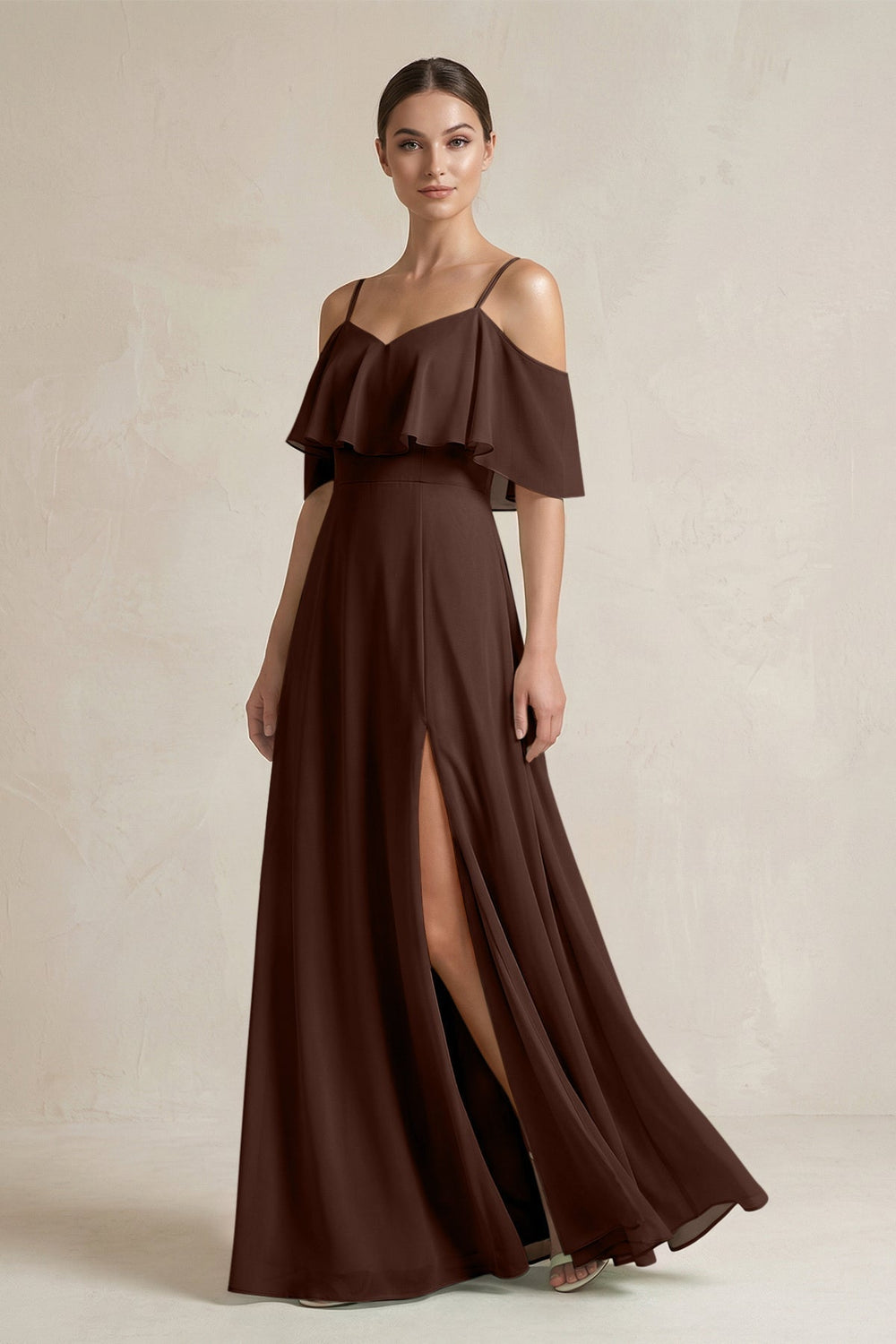 Ruffled Off-the-Shoulder A-Line Chiffon Bridesmaid Gown in Espresso