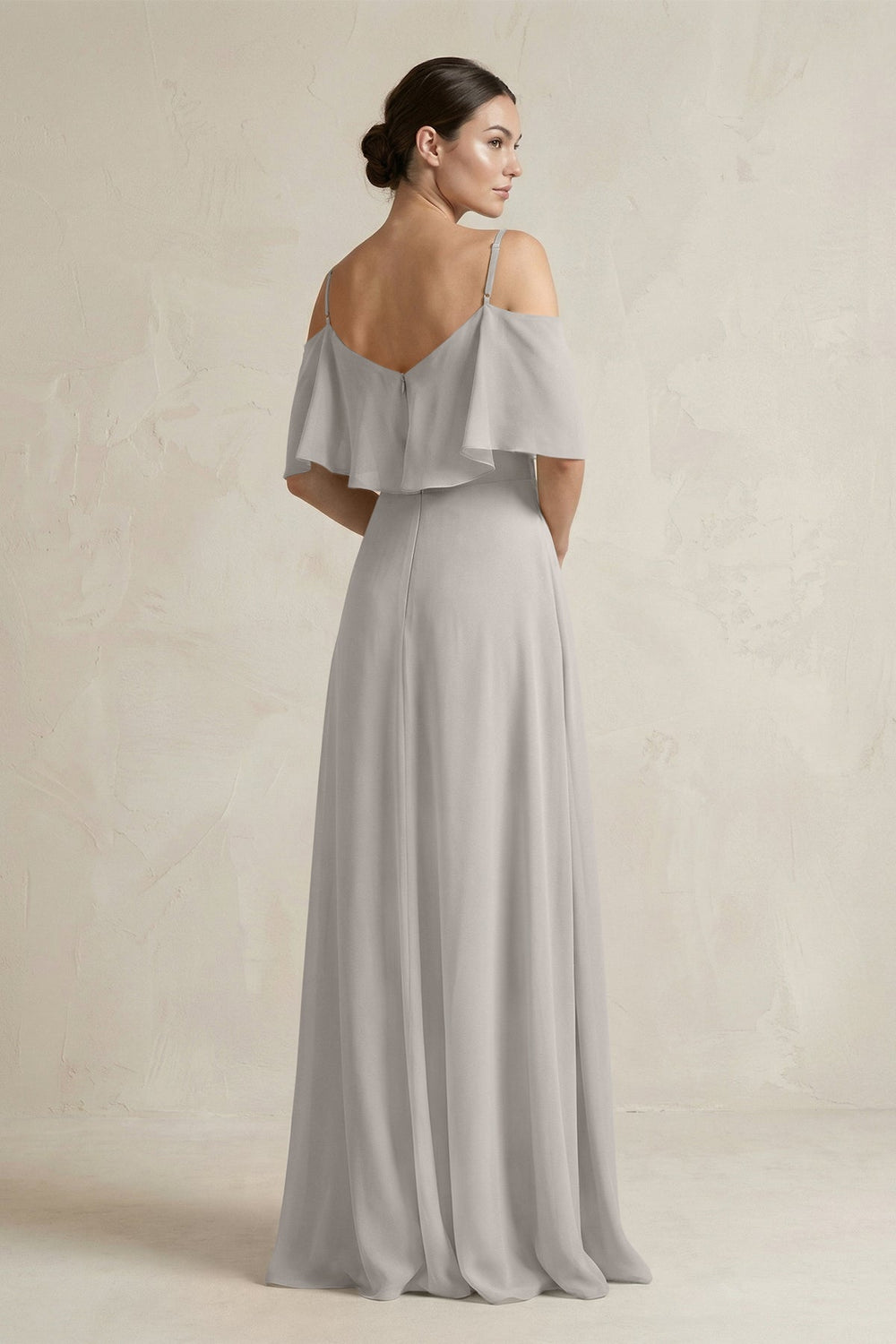 Ruffled Off-the-Shoulder A-Line Chiffon Bridesmaid Gown in Silver