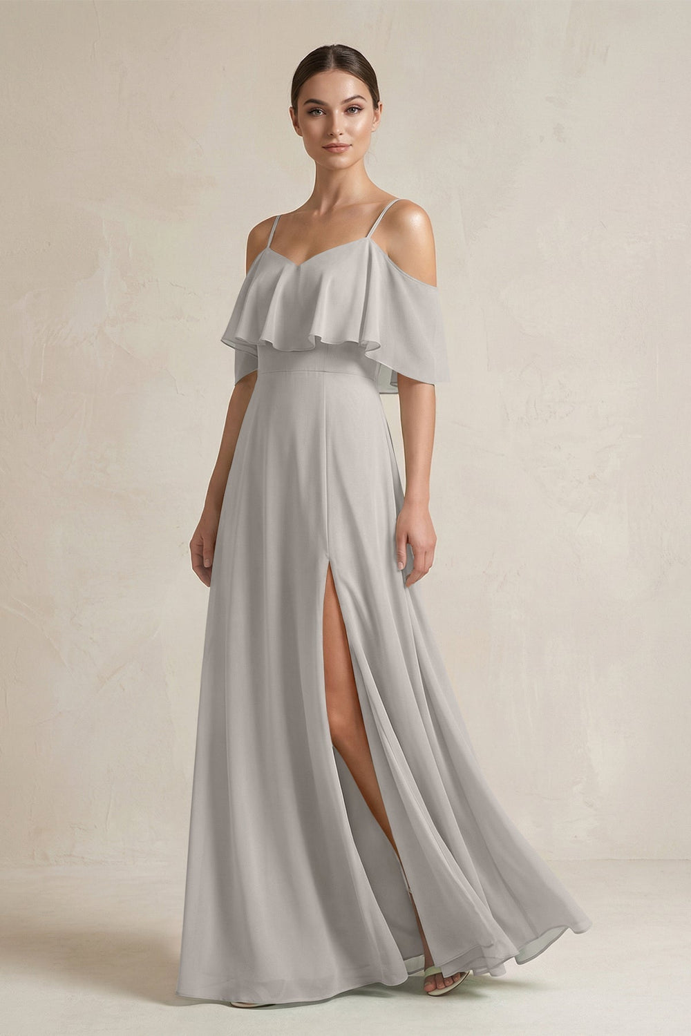 Ruffled Off-the-Shoulder A-Line Chiffon Bridesmaid Gown in Silver