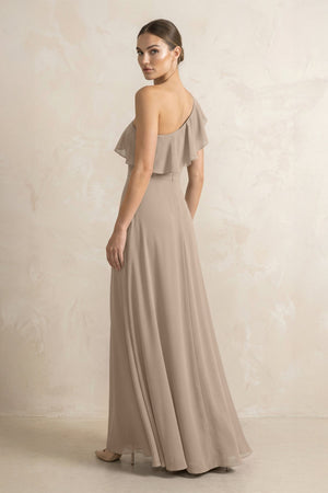 Ruffled One-Shoulder A-Line Chiffon Bridesmaid Dress in Almond (2) | KISSBRIDAL
