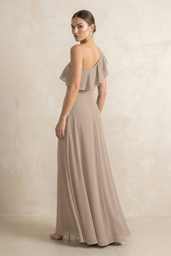 Ruffled One-Shoulder A-Line Chiffon Bridesmaid Dress in Almond (2) | KISSBRIDAL