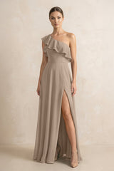 Ruffled One-Shoulder A-Line Chiffon Bridesmaid Dress in Almond | KISSBRIDAL