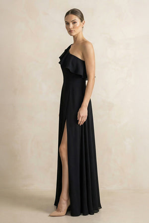 Ruffled One - Shoulder A - Line Chiffon Bridesmaid Dress in Black - KISS BRIDAL Bridesmaid Dresses