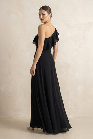Ruffled One - Shoulder A - Line Chiffon Bridesmaid Dress in Black - KISS BRIDAL Bridesmaid Dresses