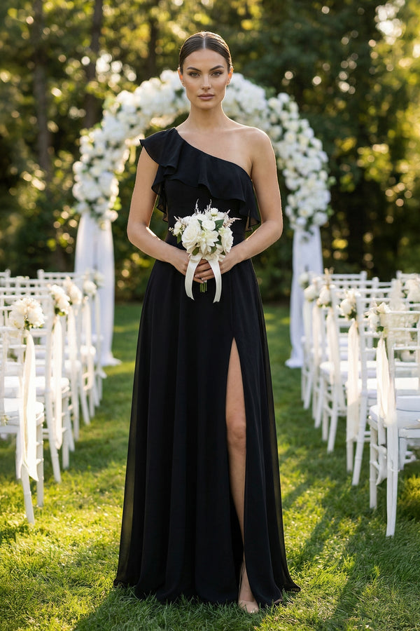 Ruffled One - Shoulder A - Line Chiffon Bridesmaid Dress in Black - KISS BRIDAL Bridesmaid Dresses