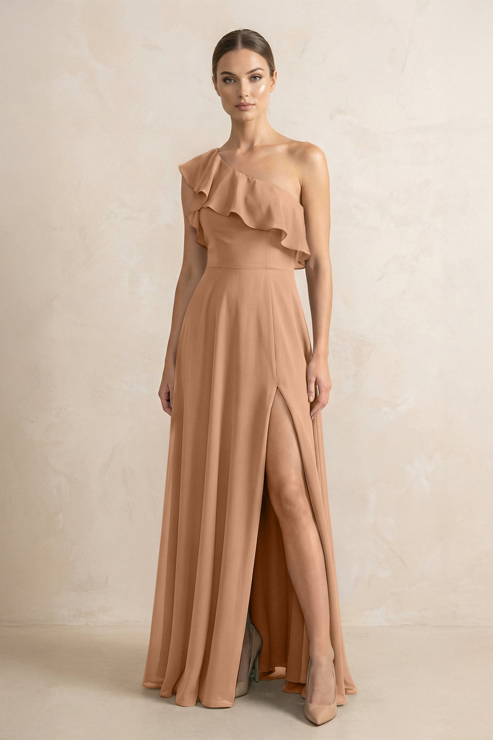 Ruffled One-Shoulder A-Line Chiffon Bridesmaid Dress in Bronzer