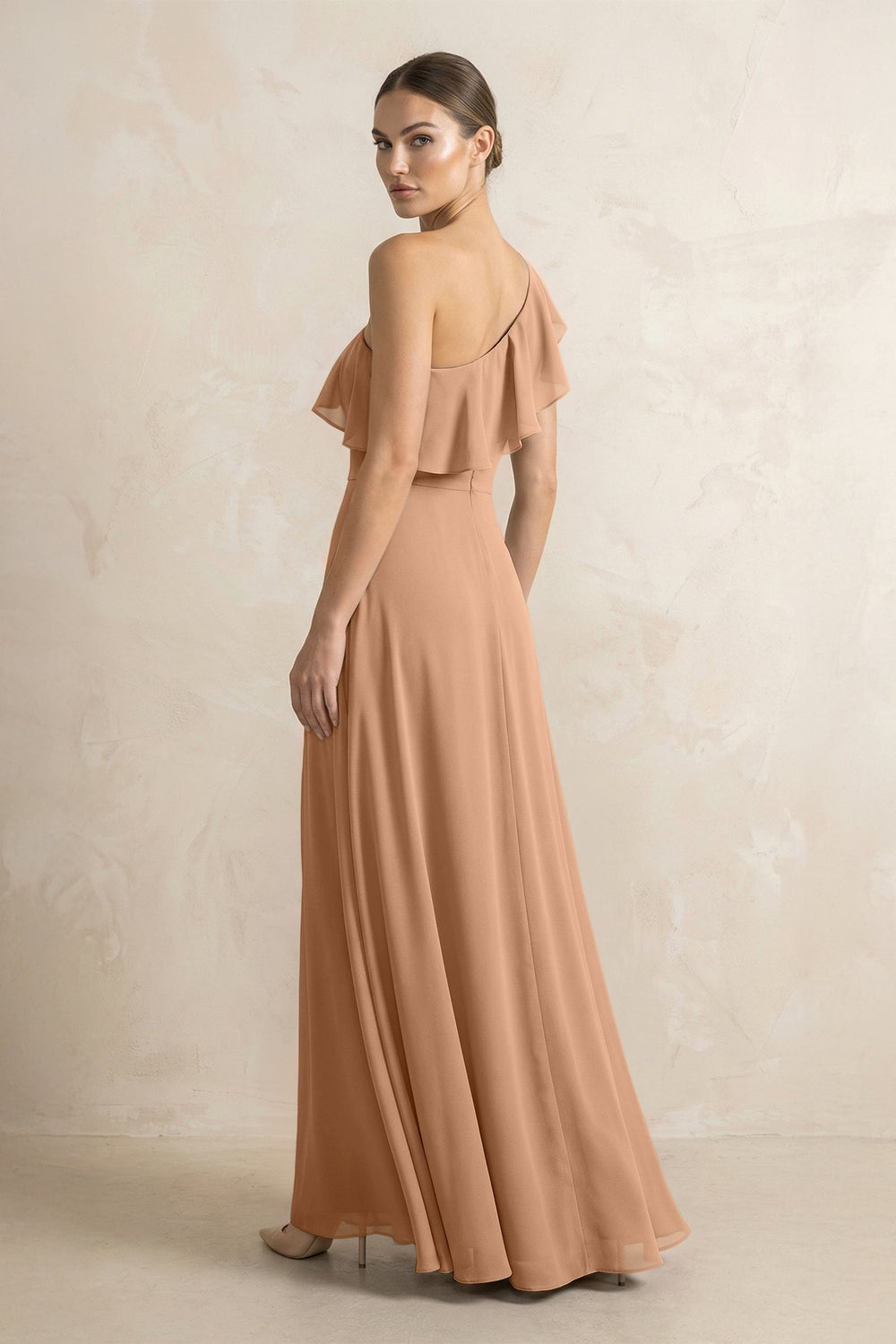 Ruffled One-Shoulder A-Line Chiffon Bridesmaid Dress in Bronzer