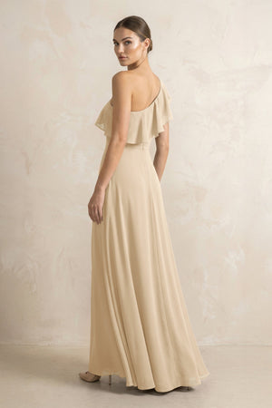 Ruffled One-Shoulder A-Line Chiffon Bridesmaid Dress in Champagne (2) | KISSBRIDAL