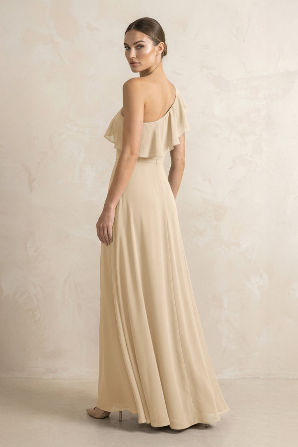 Ruffled One-Shoulder A-Line Chiffon Bridesmaid Dress in Champagne (2) | KISSBRIDAL