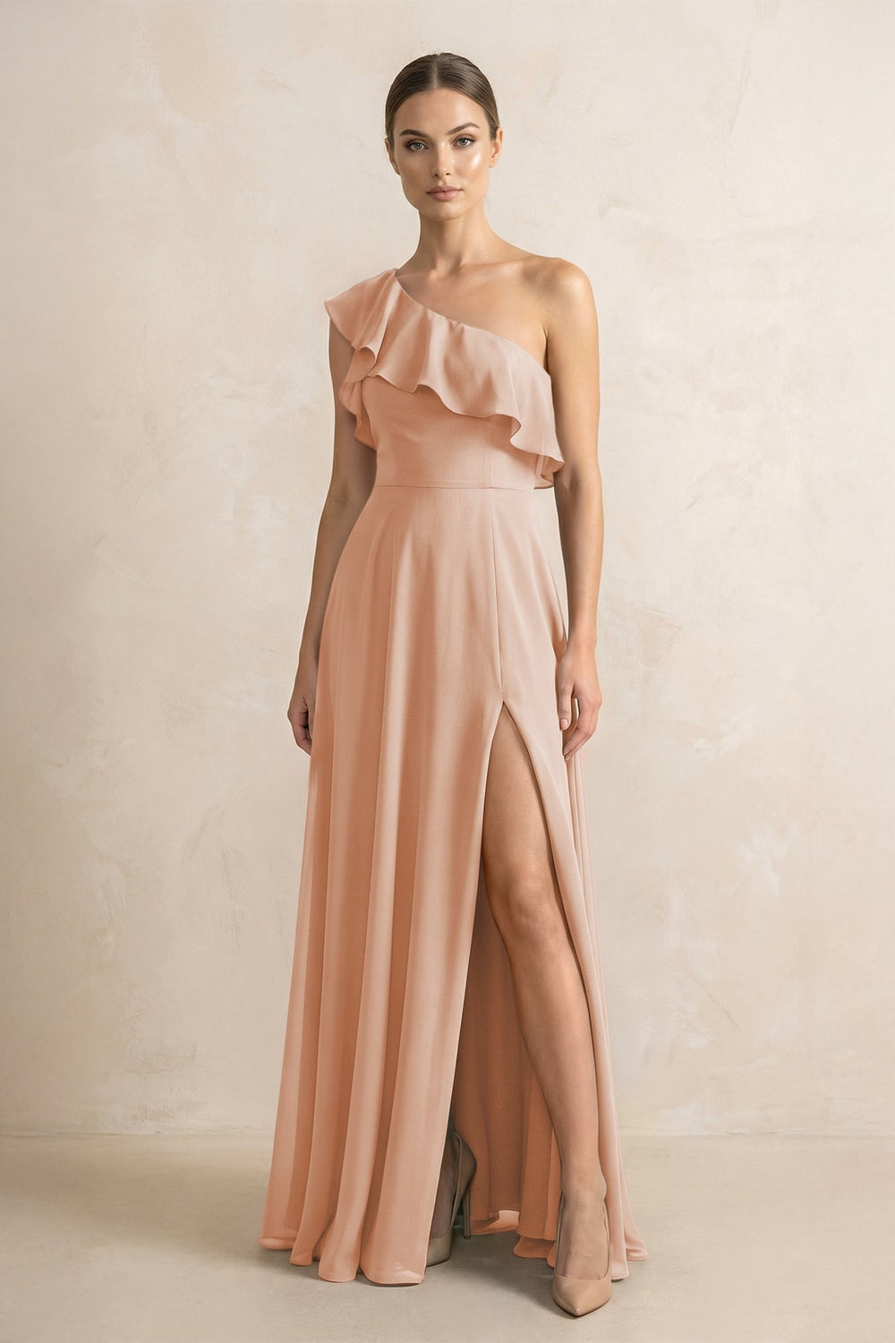 Ruffled One-Shoulder A-Line Chiffon Bridesmaid Dress in Champagne Rose