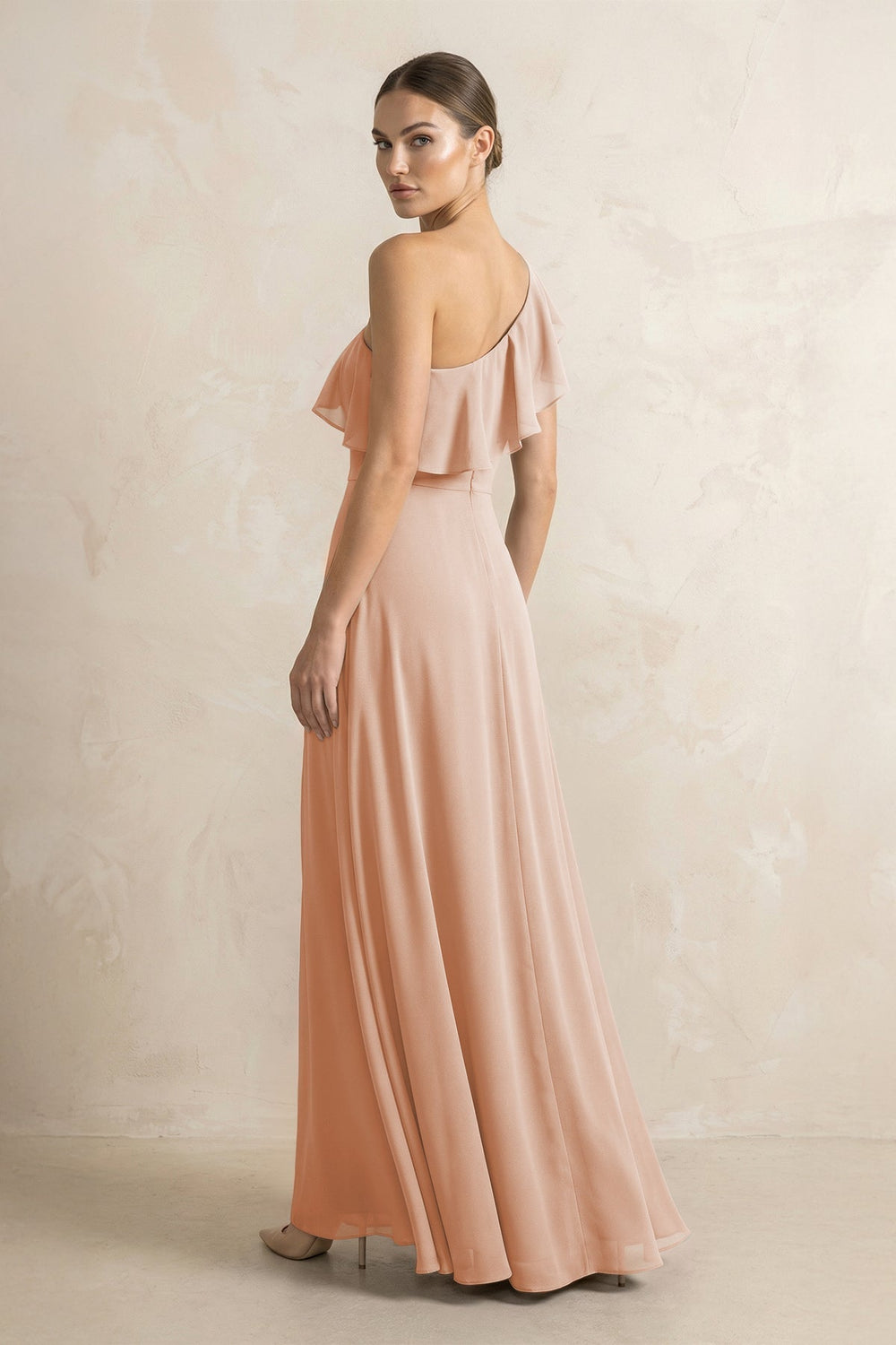 Ruffled One-Shoulder A-Line Chiffon Bridesmaid Dress in Champagne Rose