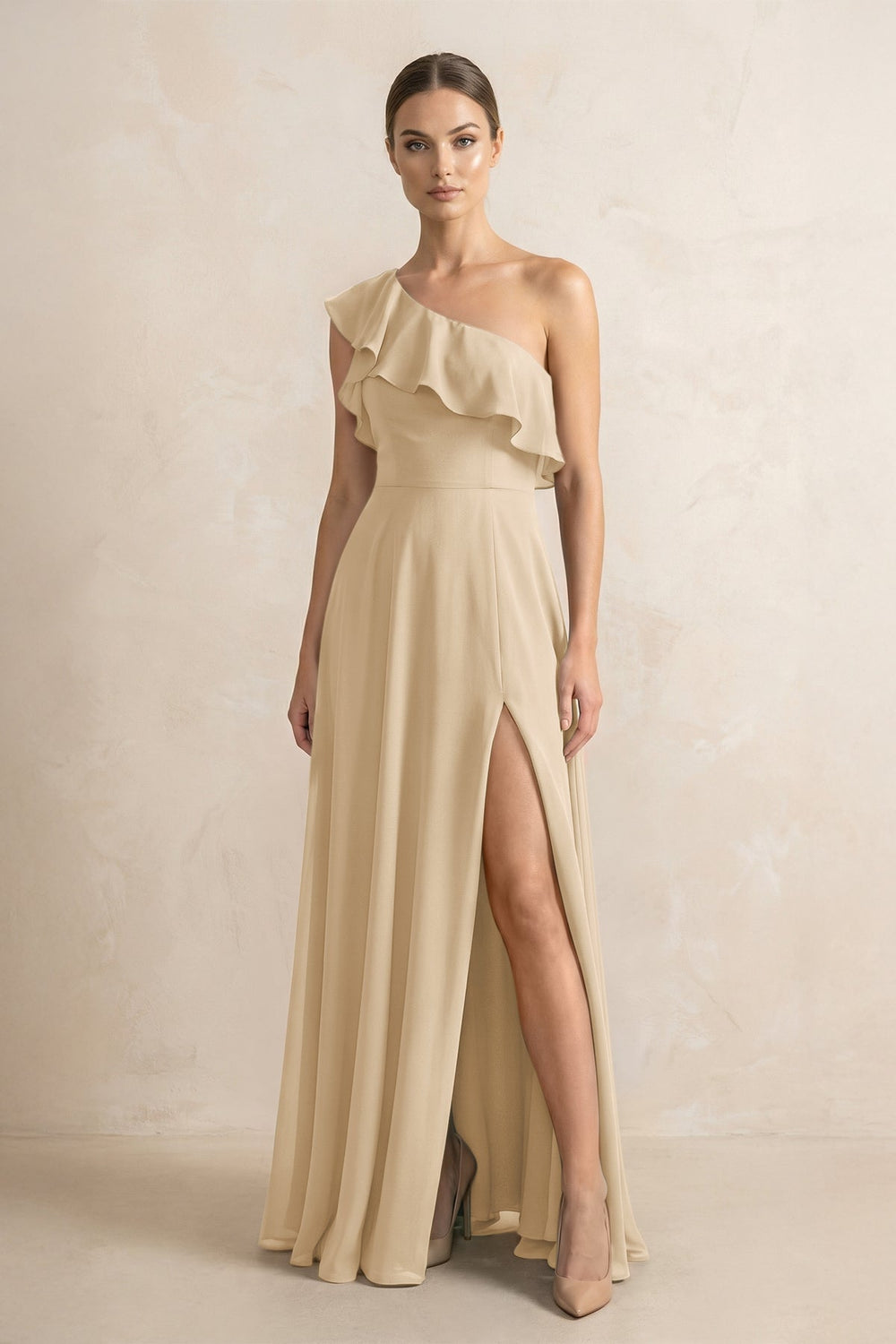 Ruffled One-Shoulder A-Line Chiffon Bridesmaid Dress in Champagne
