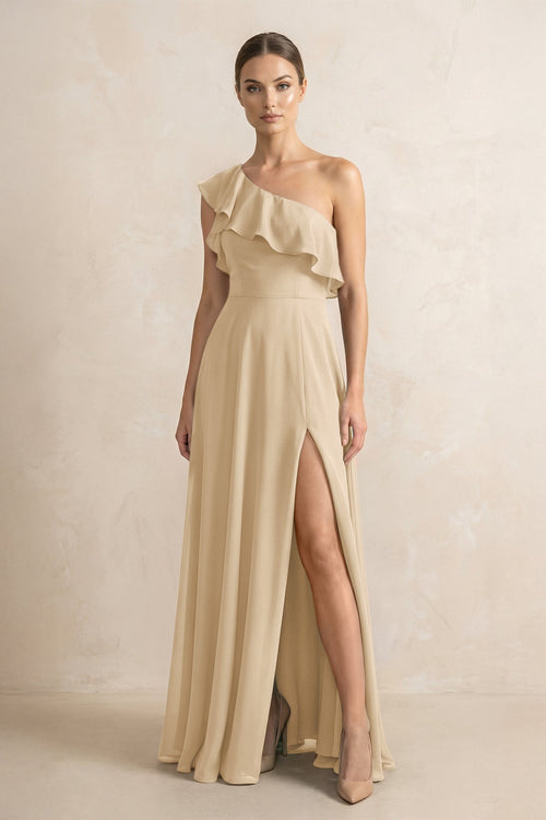 Ruffled One-Shoulder A-Line Chiffon Bridesmaid Dress in Champagne | KISSBRIDAL