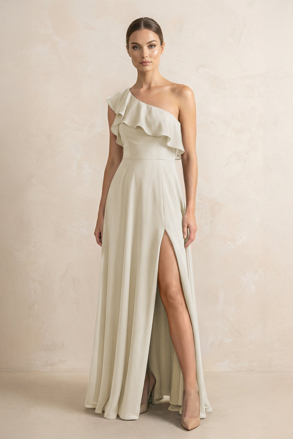 Ruffled One-Shoulder A-Line Chiffon Bridesmaid Dress in Dove Gray