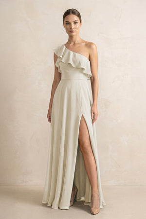 Ruffled One - Shoulder A - Line Chiffon Bridesmaid Dress in Dove Gray - KISS BRIDAL Bridesmaid Dresses