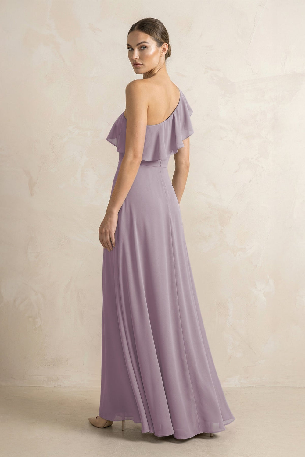 Ruffled One-Shoulder A-Line Chiffon Bridesmaid Dress in Dusk