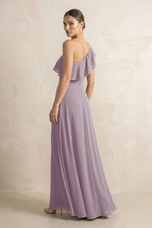 Ruffled One-Shoulder A-Line Chiffon Bridesmaid Dress in Dusk (2) | KISSBRIDAL