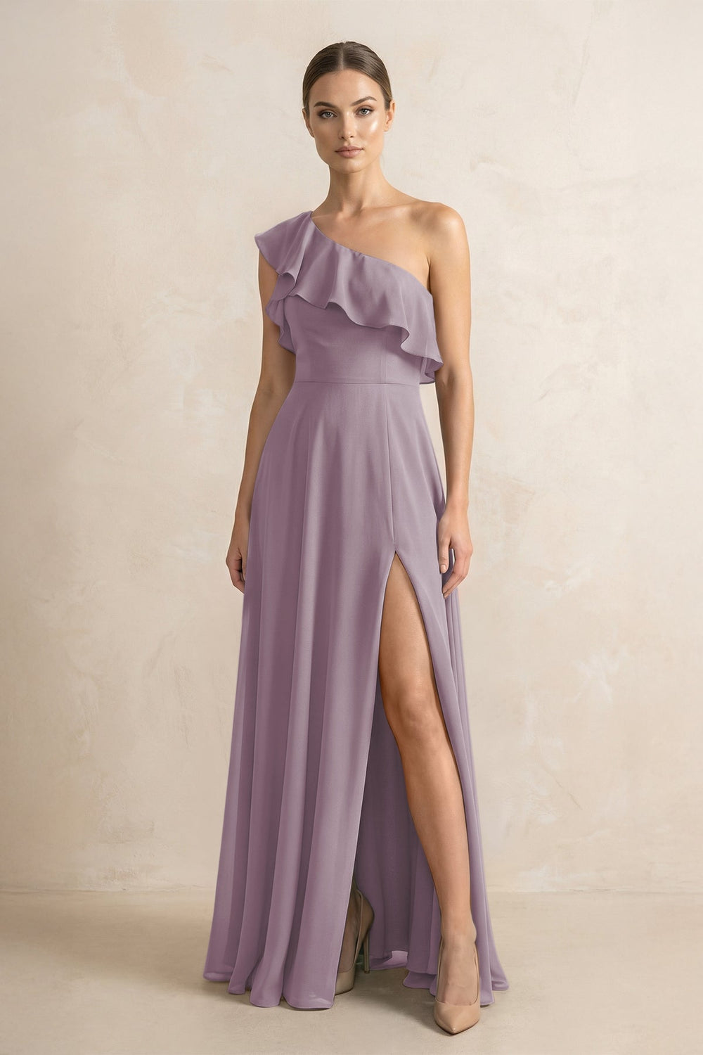 Ruffled One-Shoulder A-Line Chiffon Bridesmaid Dress in Dusk