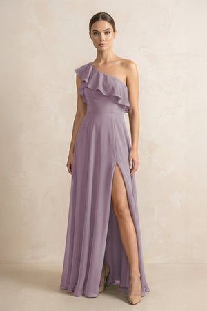 Ruffled One-Shoulder A-Line Chiffon Bridesmaid Dress in Dusk | KISSBRIDAL