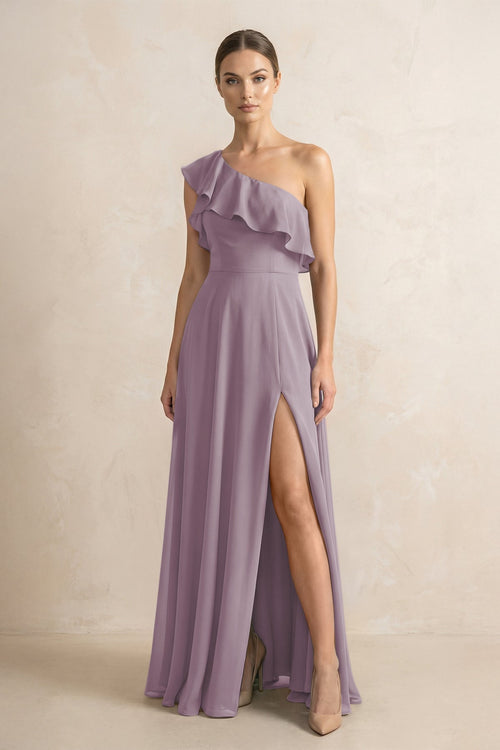 Ruffled One-Shoulder A-Line Chiffon Bridesmaid Dress in Dusk | KISSBRIDAL