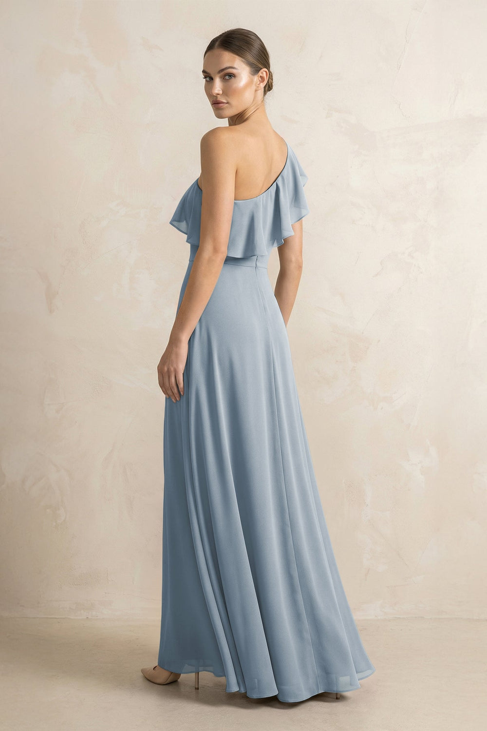 Ruffled One-Shoulder A-Line Chiffon Bridesmaid Dress in Dusty Blue