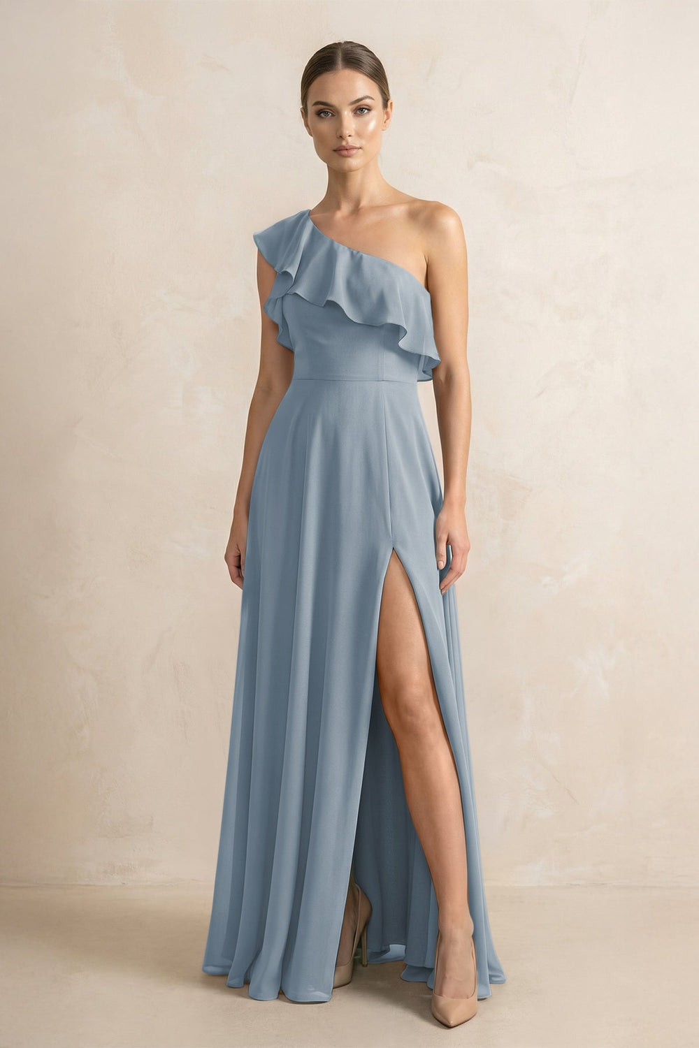 Ruffled One-Shoulder A-Line Chiffon Bridesmaid Dress in Dusty Blue