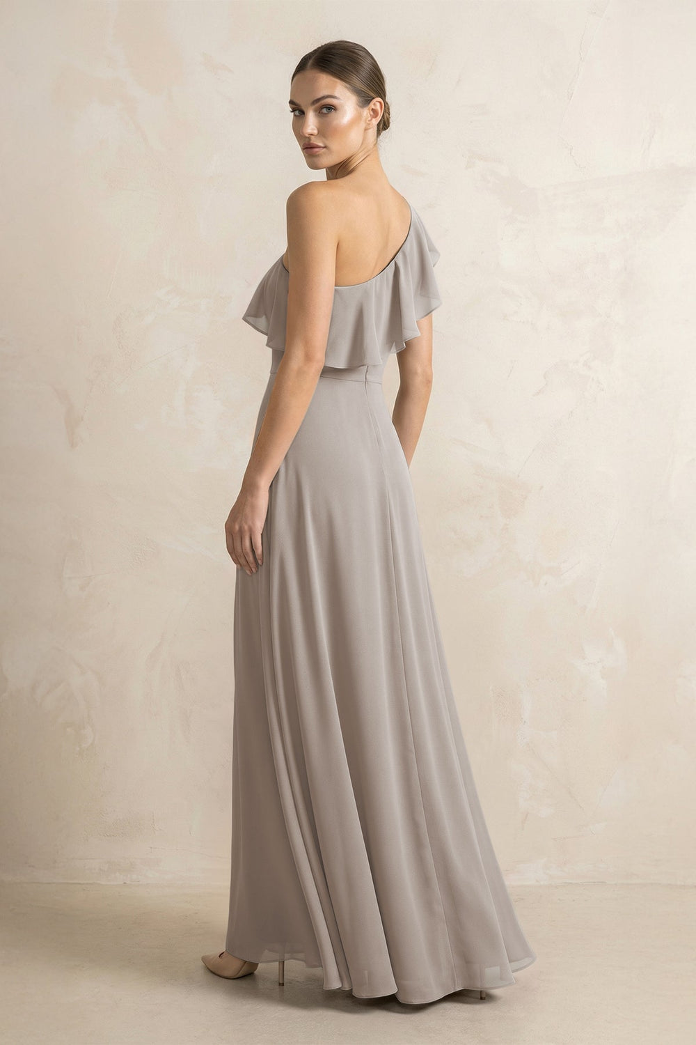 Ruffled One-Shoulder A-Line Chiffon Bridesmaid Dress in Frost