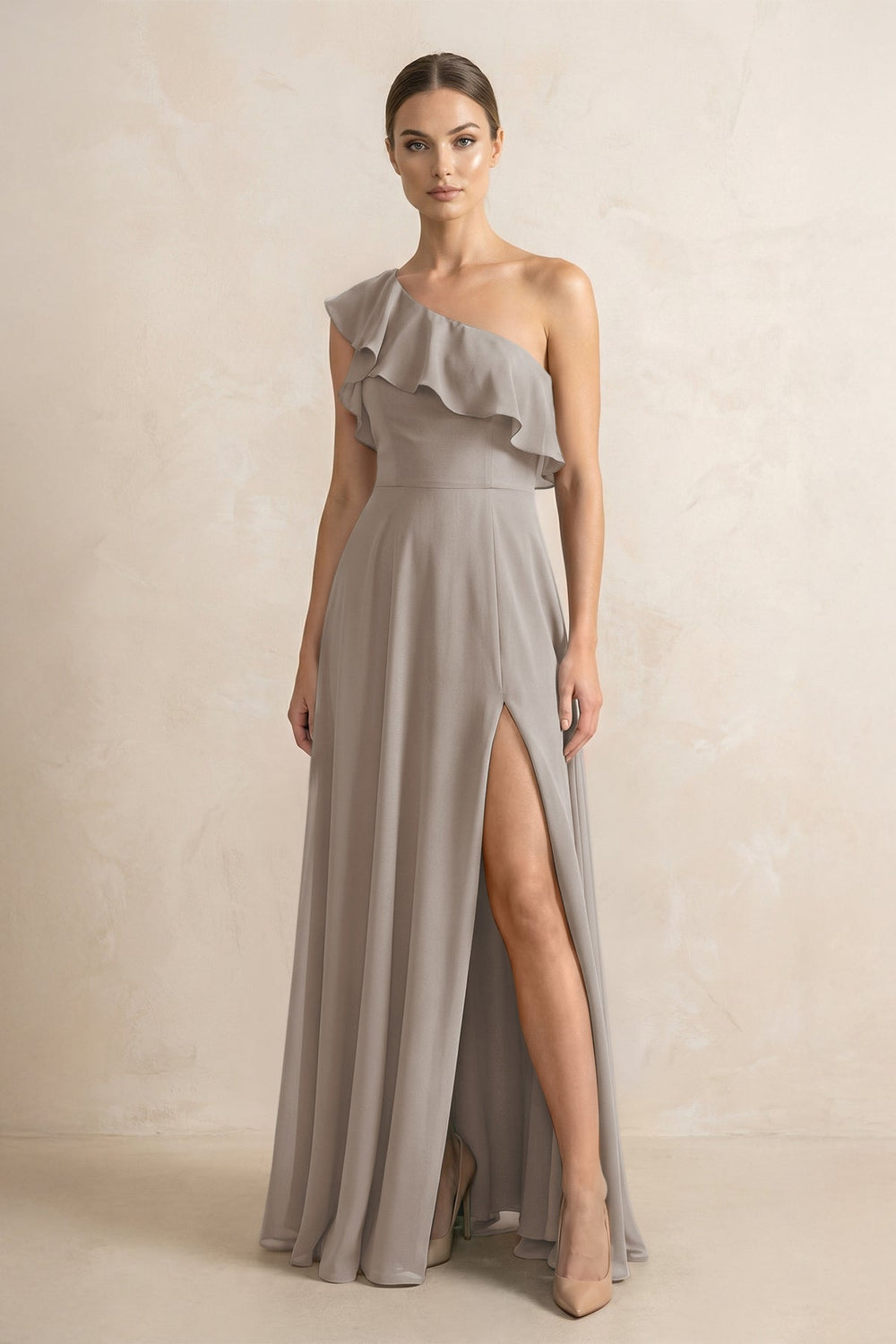 Ruffled One-Shoulder A-Line Chiffon Bridesmaid Dress in Frost