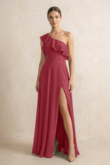 Ruffled One-Shoulder A-Line Chiffon Bridesmaid Dress in Merlot | KISSBRIDAL