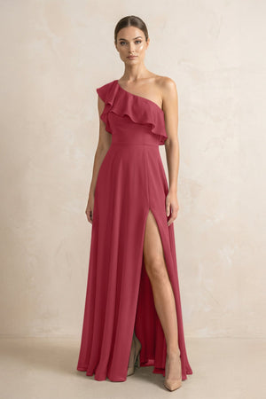 Ruffled One-Shoulder A-Line Chiffon Bridesmaid Dress in Merlot | KISSBRIDAL