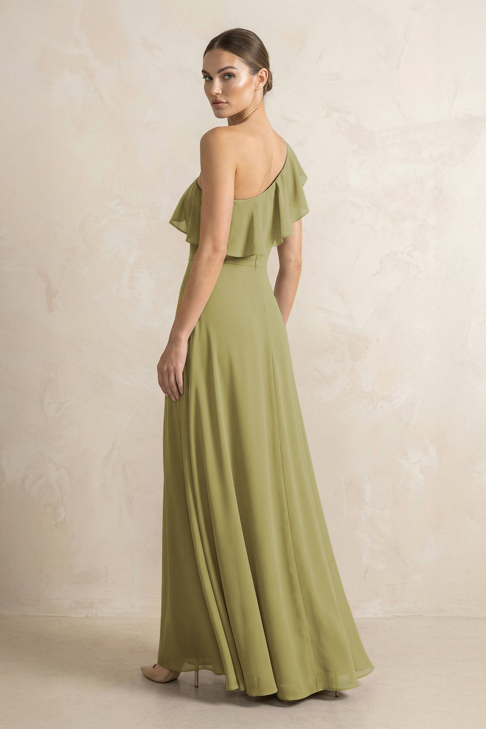 Ruffled One-Shoulder A-Line Chiffon Bridesmaid Dress in Moss Green
