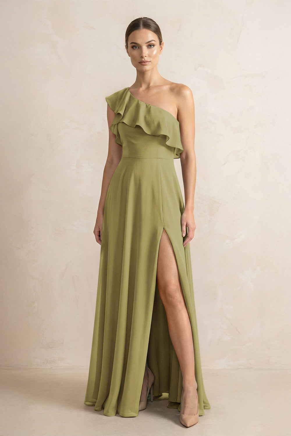 Ruffled One-Shoulder A-Line Chiffon Bridesmaid Dress in Moss Green