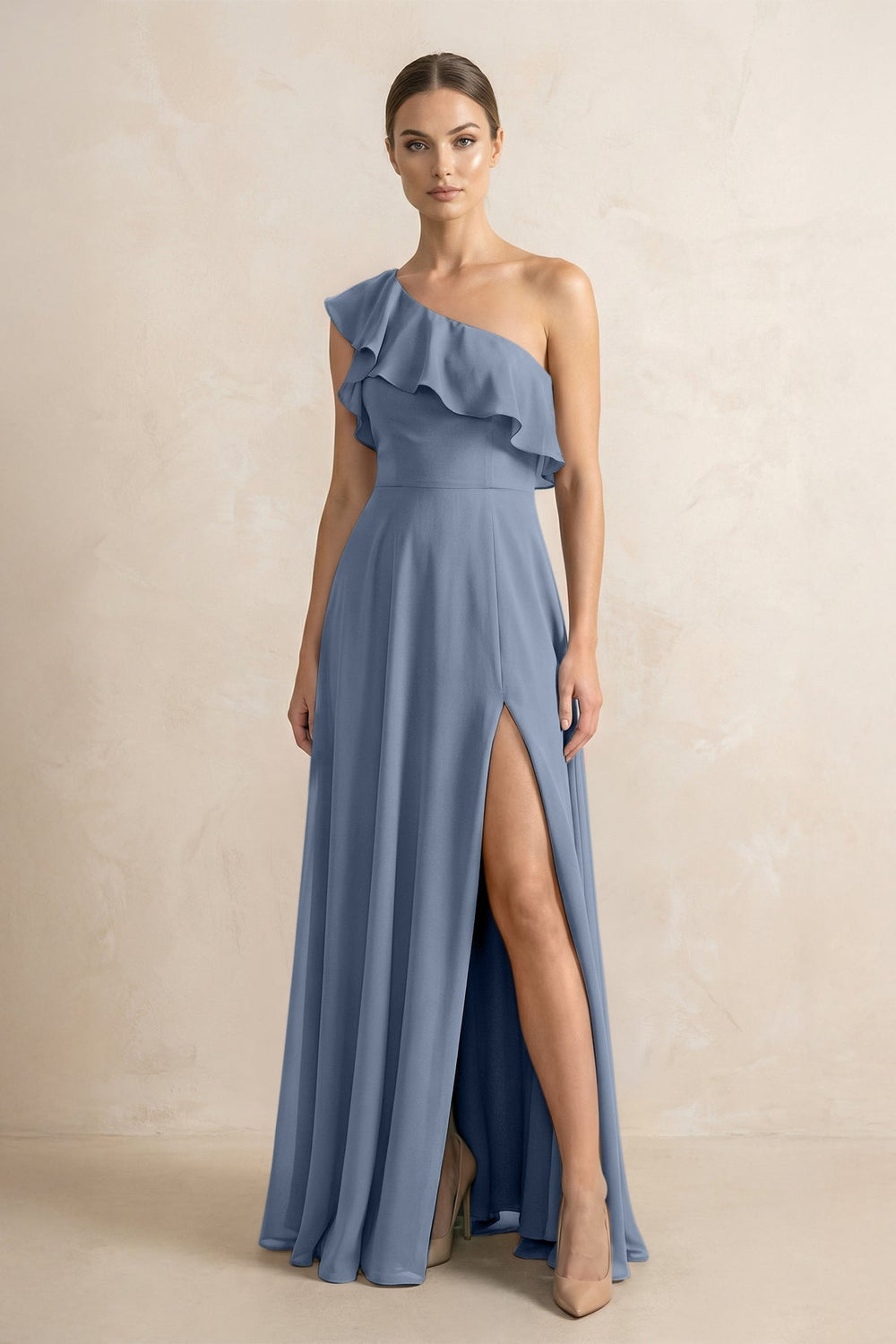 Ruffled One-Shoulder A-Line Chiffon Bridesmaid Dress in Neptune